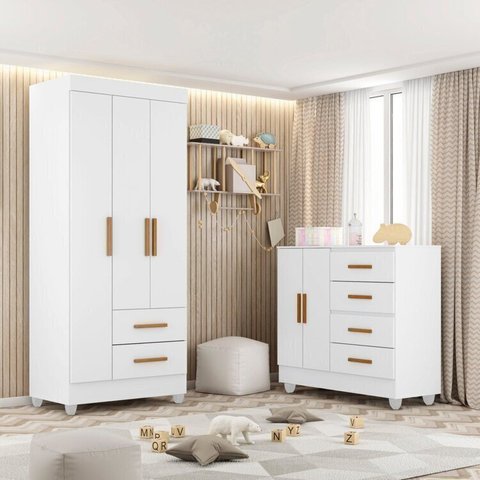 Quarto Bebê Infantil com Guarda-roupa 3 Portas e 2 Gavetas com Cômoda 4 Gavetas e 2 Portas Lite