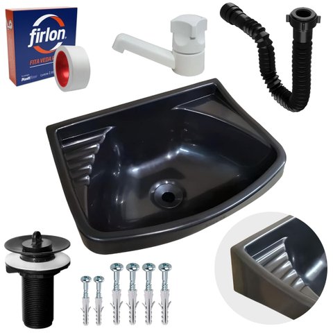 Pia Lavatório Plástico 4,8l Preta + Sifão Sanfonado Universal 61cm Preto + Torneira Branca + Veda Ro