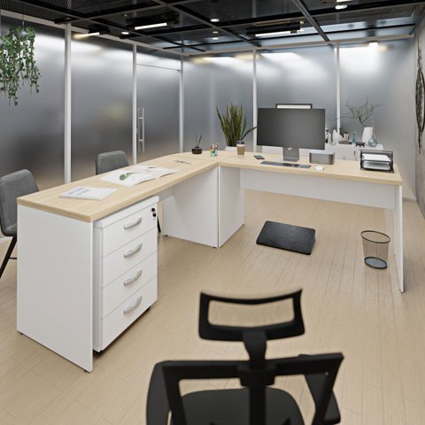 Conjunto Mesa de Escritório Conexão em L e Gaveteiro Volante 4 Gavetas 140cm Dubai e Branco Bege