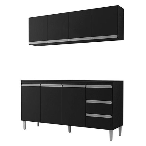 Balcão de Cozinha com Tampo 160 Cm e Armário Aéreo Andréia Preto Fosco - Ajl