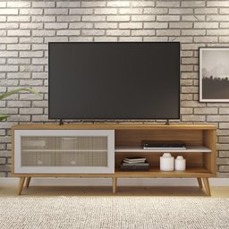 Rack Bancada Home para Tv até 60" Porta Deslizante Pés Palito Sala de Estar Marrom Madeira Off - 1 Rack Bancada Home para Tv até 60" Porta Deslizante Pés Palito Sala de Estar Marrom Madeira Off - 1