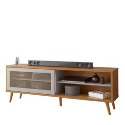 Rack Bancada Home para Tv até 60" Porta Deslizante Pés Palito Sala de Estar Marrom Madeira Off - 3 Rack Bancada Home para Tv até 60" Porta Deslizante Pés Palito Sala de Estar Marrom Madeira Off - 3