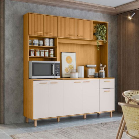 Armário de Cozinha Compacta Delta 9 Portas 1 Gaveta Ripado 3D Freijó/Off White - Pnr Móveis