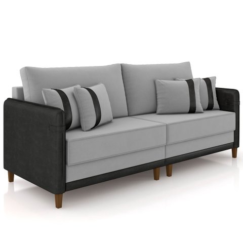 Sofá 3 Lugares Sala de Estar Living 212cm Asbury K01 Veludo Cinza Claro Couríssimo Preto - Lyam Deco