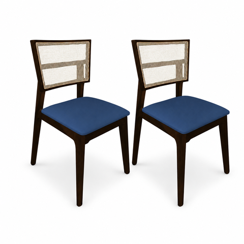 Kit 2 Cadeiras de Jantar Tela Premium Madeira Maciça Manuela:Azul Veludo/Castanho