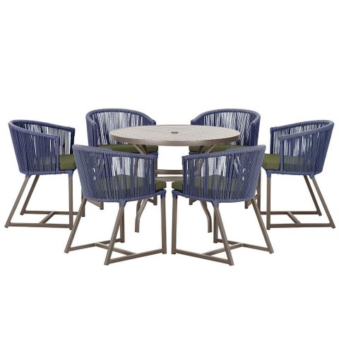 Mesa com 6 Cadeiras de Jantar Roma 120cm e Noronha em Alumínio Marrom Corda Náutica Estofado 13 Tram