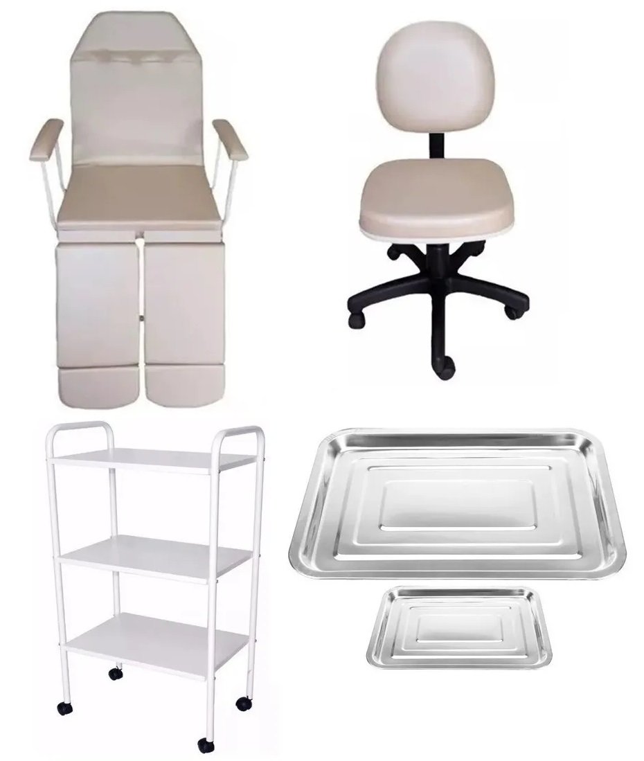 Kit Podologia Bege Cadeira Maca Mocho Carrinho e Bandejas Fiscomed Kit para Podologia - 1