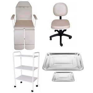 Kit Podologia Bege Cadeira Maca Mocho Carrinho e Bandejas Fiscomed Kit para Podologia