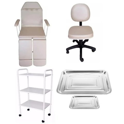 Kit Podologia Bege Cadeira Maca Mocho Carrinho e Bandejas Fiscomed Kit para Podologia