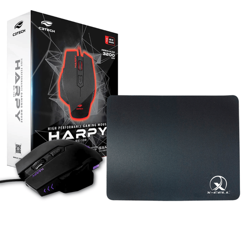 Kit Mouse 3200 Dpi Harpy com Mouse Pad Antiderrapante Preto