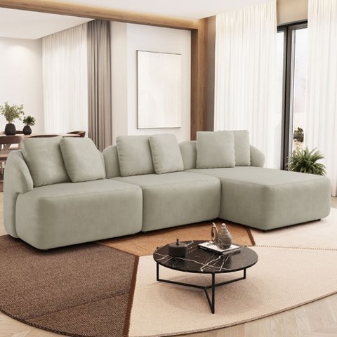 Sofá 4 Lugares com Chaise Direito Sala Living 288cm Arlo F04 Veludo Bege - Lyam Decor