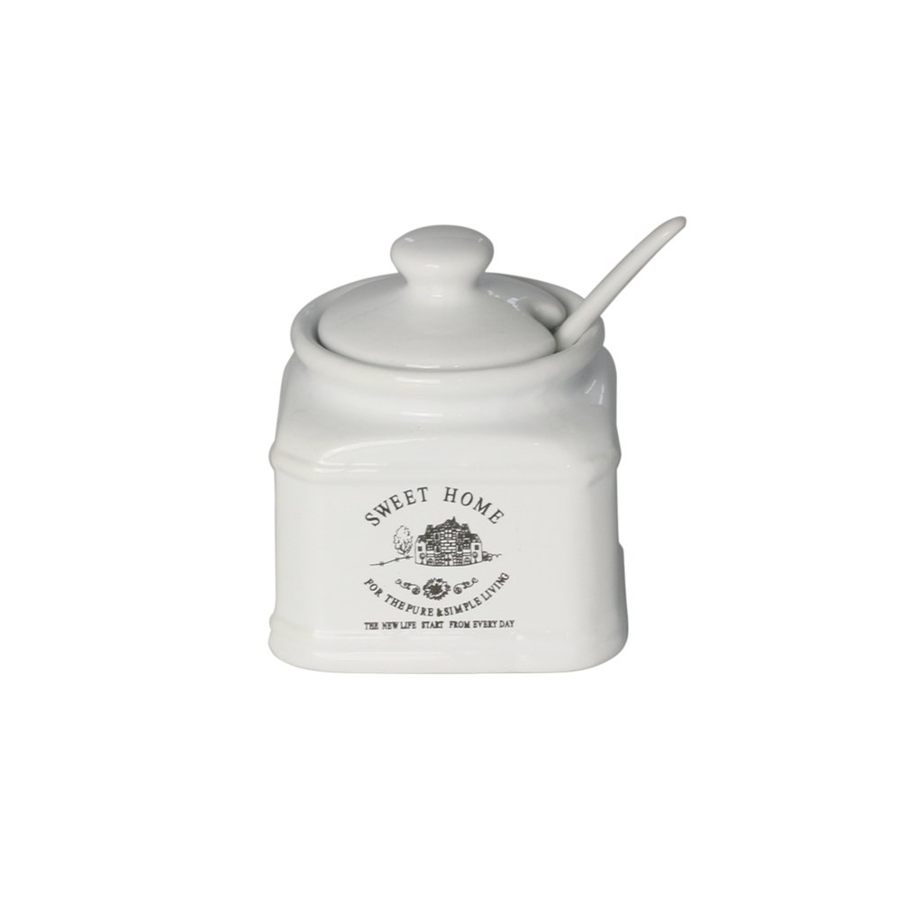 Açucareiro de Cerâmica Quadrado C/colher Sweet Home Branco Lyor - 1