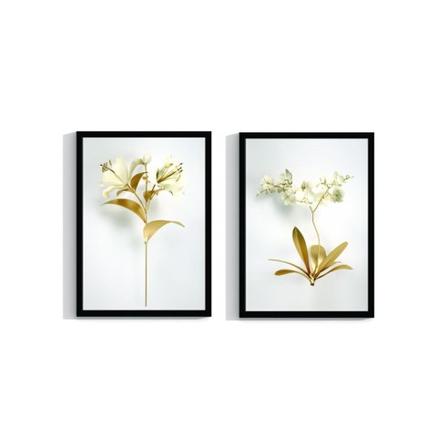 Kit 2 Quadros Decorativos para Sala Folhagem Dourada com Moldura Grande