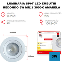 Ver imagem 3 de Kit 10 Spot Led Dicroica Embutir Redondo 3W 3000k MR11 Amerelo Luminária Direcional Teto Gesso Casa