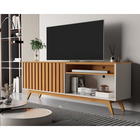 Rack Buriti Ripado Real 160cm 2 Portas para TV até 65 Polegadas, Pés em Madeira Maciça