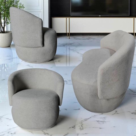 Kit Namoradeira + 2 Poltronas Decorativa Beatriz Orgânica Bouclé Cinza Claro