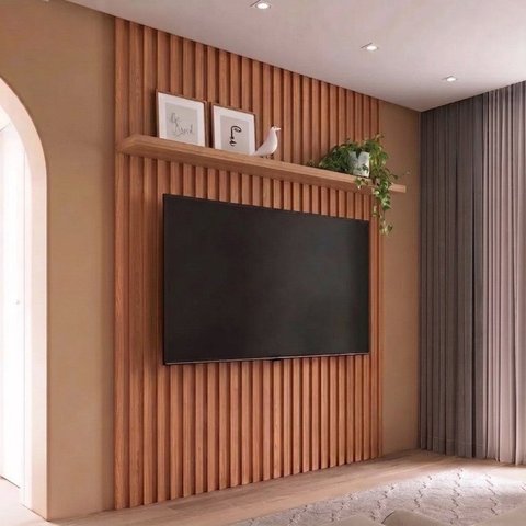 Painel Ripado para TV 80 Polegadas 250CMX179CM 100% MDF em Placa com Prateleira Marrom