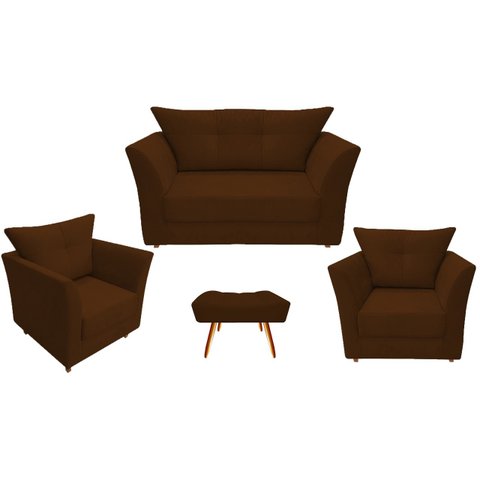 Kit Namoradeira + 2 Poltronas Decorativa Isis + 1 Puff Retangular Couro Marrom Pés Madeira Ms Decor