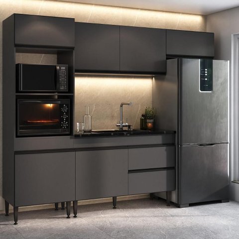 Cozinha Completa 7 Portas 1 Gaveta MDF MDP 251,5cm Cinza