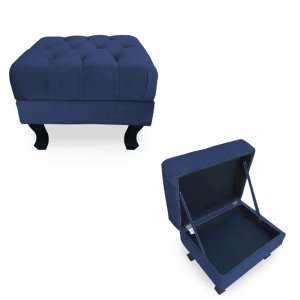Kit 2 Puffs Baú Retrô Luis XV Capitonê Suede Azul Marinho