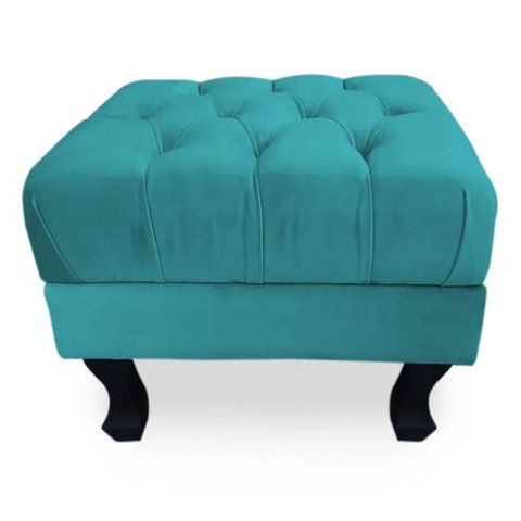 Puff Retrô Fixo Luis XV Capitonê Suede Azul Turquesa