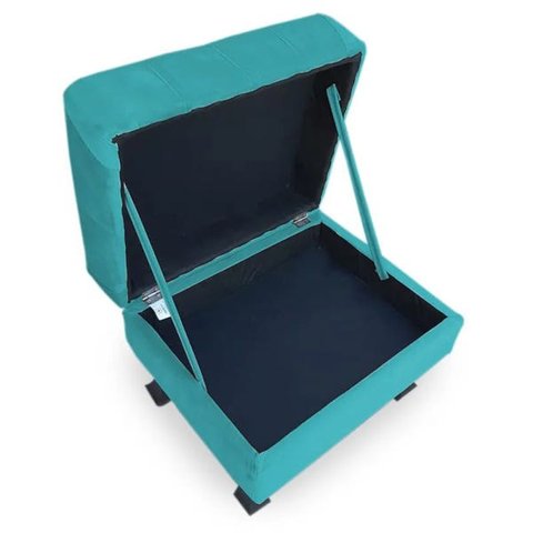 Puff Baú Retrô Luis XV Capitonê Suede Azul Turquesa