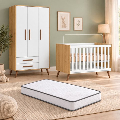 Kit Quarto de Bebê Q Encanto Retrô com Berço Mini Cama Guarda Roupa 3 Portas e Colchão D18 130x70 Mo
