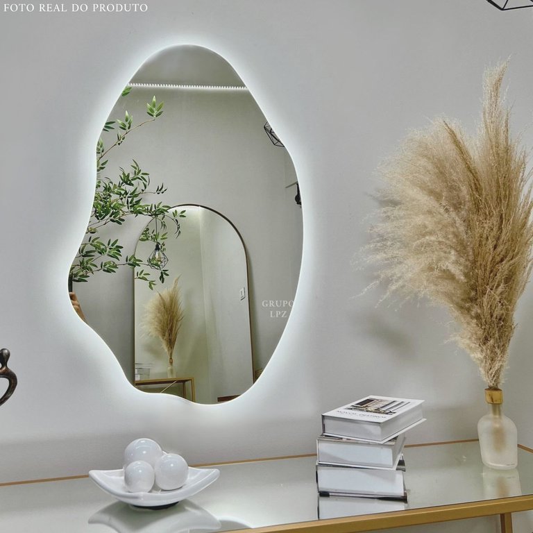 Espelho Grande Orgânico Lapidado Decorativo Sala Hall Parede 70x50 Cm Moderno com Led 6500k