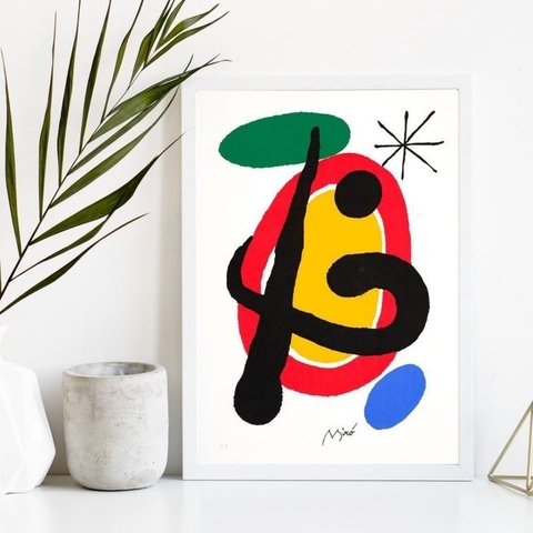 Quadro Decorativo Arte Abstrata Miró 45x34cm - com Vidro:madeira Branca