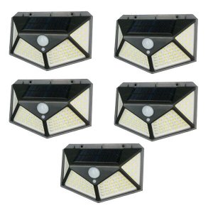 Kit 5 Luminária Energia Solar Parede 100 LED Sensor Presença 3 Funções Lâmpada