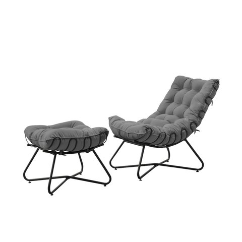 Poltrona Costela com Puff Eva Base Metal Preto - Veludo Cinza