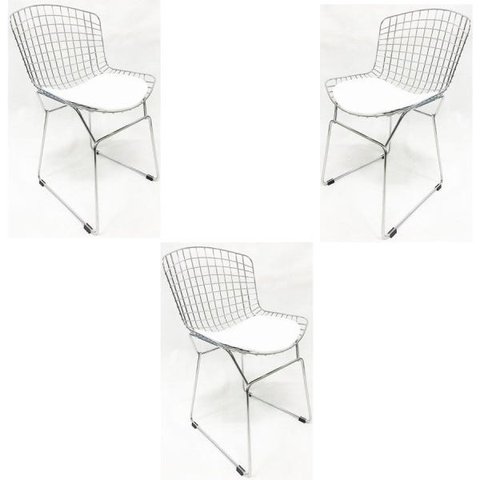 Kit 3 Cadeiras BERTOIA cromada assento branco - Poltronas do Sul