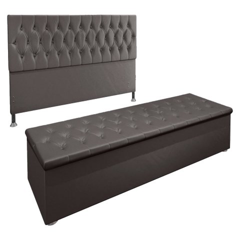 Kit Cabeceira e Calçadeira Baú Queen 1,60m Madrid Suede - Pallazio - Cinza
