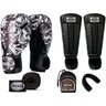 Kit Muay Thai Luva Bandagem Bucal Caneleira Pro Caveira 12oz - 1