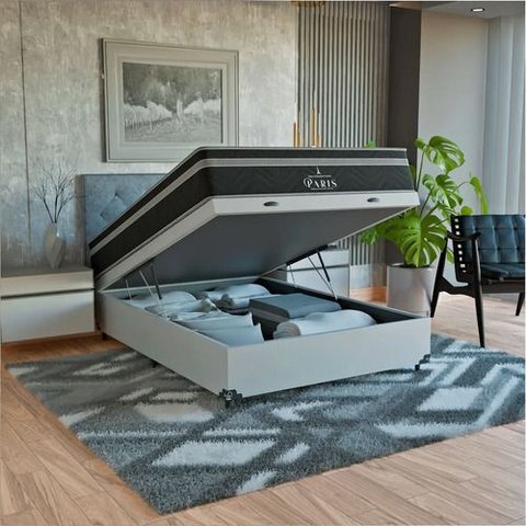 Cama Box Baú Casal + Colchão Paris Molas Ensacadas Preto Couro Branco/preto