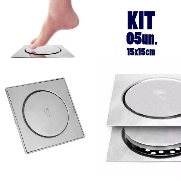 Ralo Click Aço Inox Inteligente 05 Un. Banheiro Pop Up 15x15 Banho