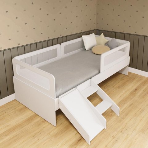 Cama Solteiro Mdf Branco com Escadinha/escorrega 03 Grades e Cabeceira Telinha Anatômica