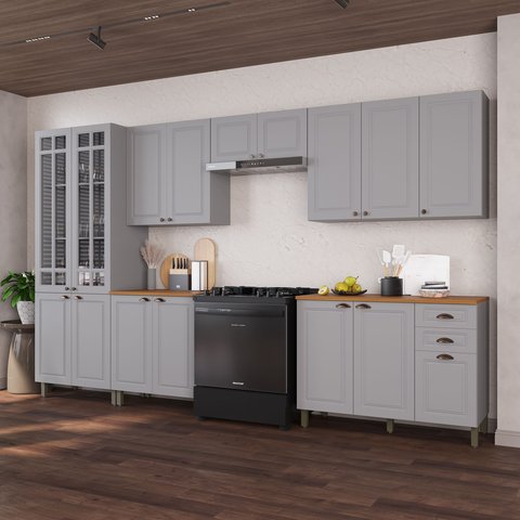 Cozinha Modulada 6 Peças 1 Cristaleira com Vidro 2 Balcão com Tampo 3 Aéreos 100% MDF Bari Cinza/Titânio