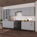 Ver imagem 1 de Cozinha Modulada 6 Peças 1 Cristaleira com Vidro 2 Balcão com Tampo 3 Aéreos 100% MDF Bari Cinza/Titânio