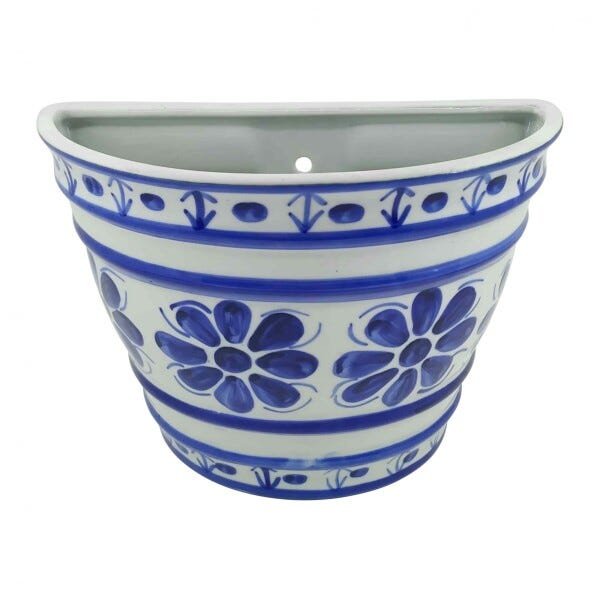 Vaso de Parede Colonial em Porcelana Azul e Branco Médio
