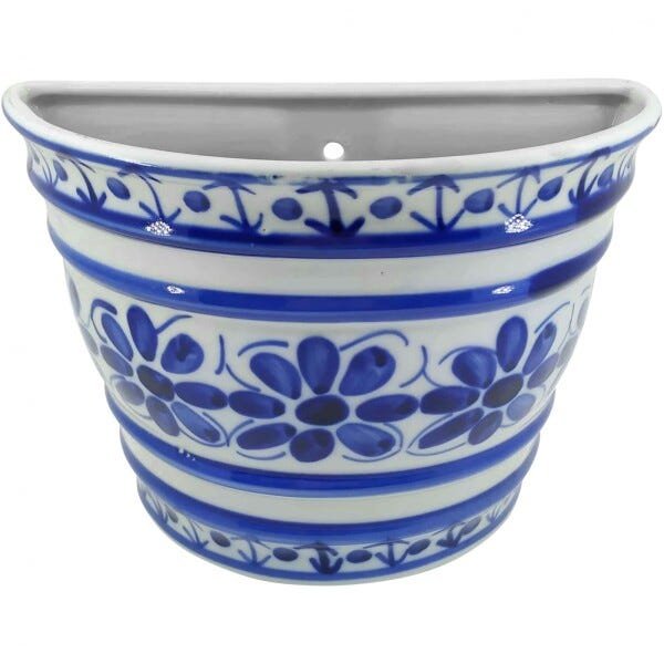 Vaso de Parede Colonial em Porcelana Azul e Branco Grande