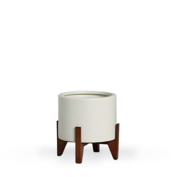 Cachepot Decorativo em Cerâmica Off White com Suporte em Madeira - 1