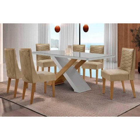 Conjunto: Mesa Sala Jantar Imperatriz Tampo c/ Vidro Curvo 180cm+6 Cadeiras Maldivas Madeira