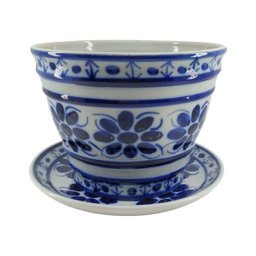Vaso Decorativo com Prato de Porcelana Azul e Branca Pintado À Mão - 1