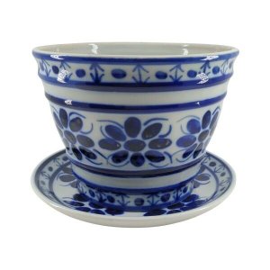 Vaso Decorativo com Prato de Porcelana Azul e Branca Pintado À Mão