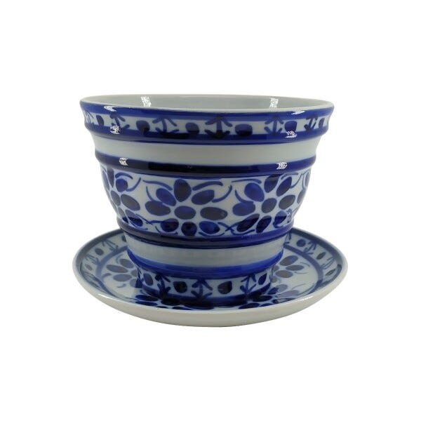 Vaso Decorativo Com Prato de Porcelana Azul e Branca Pintado à Mão - 1