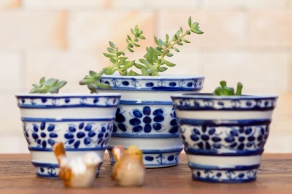Vaso Decorativo Com Prato de Porcelana Azul e Branca Pintado à Mão - 6