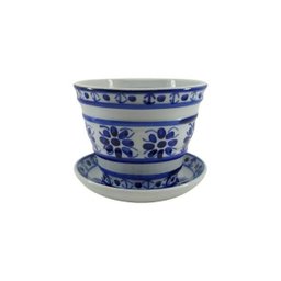 Vaso Decorativo com Prato de Porcelana Azul e Branca Pintado À Mão - 1