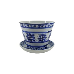 Vaso Decorativo com Prato de Porcelana Azul e Branca Pintado À Mão
