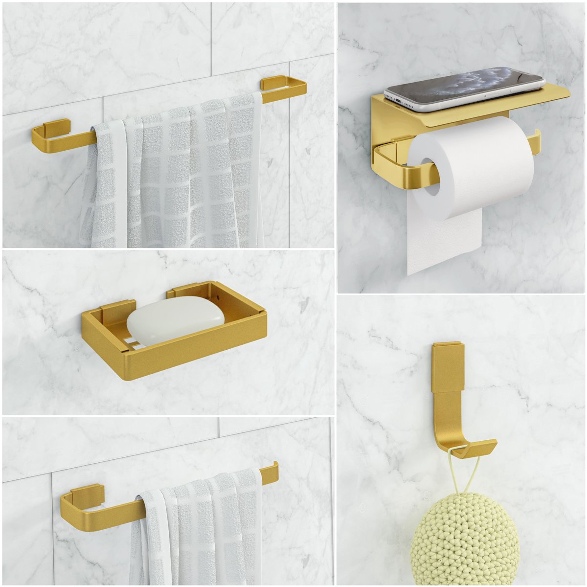 Kit Acessório para Banheiro Dourado 5 Peças Suporte Celular - 1
